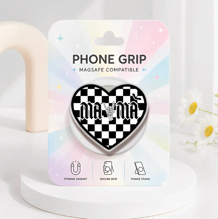 Checkerboard Mama Heart Magsafe Phone Grip, Kawaii Gothic Acrylic Kindle Grip, Cute Heart Mama Phone Accessories, Checkered Goth Gift, Spooky Season Pop Socket