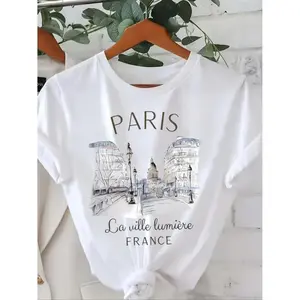 Ladies Paris City Graphic Print Round Neck Tee Top Casual Short Sleeve Summer Wear