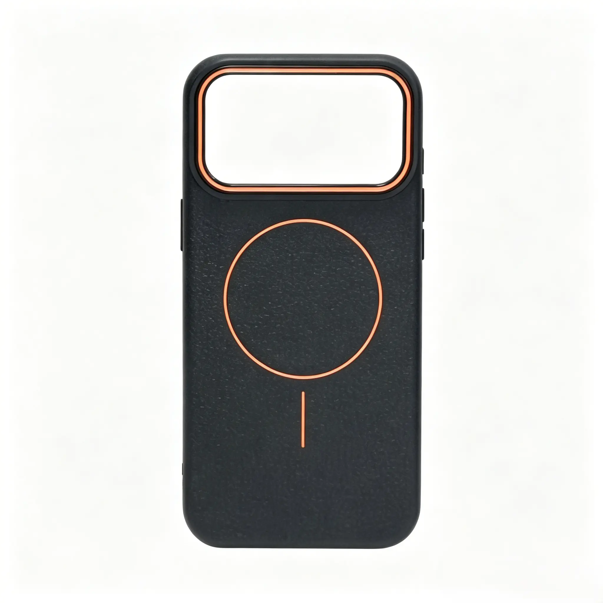Matte Leather Texture Magnetic Phone Case – Compatible with iPhone 12/13/14/15/16/17 Full Series, Solid Black, Orange Contrast, Large Camera Window, MagSafe Compatible, Shockproof Bumper, Anti-Scratch, Anti-Fingerprint, Business Style for Daily Use