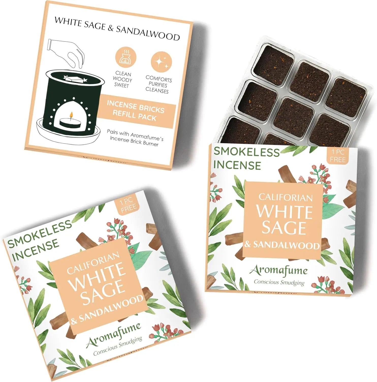 White Sage and Sandalwood Incense Bricks by Aromafume | 3x9 Bricks | Sage Incense for Cleansing Negative Energy & Protection | Sage for Smokeless Smudging & Spiritual Cleansing