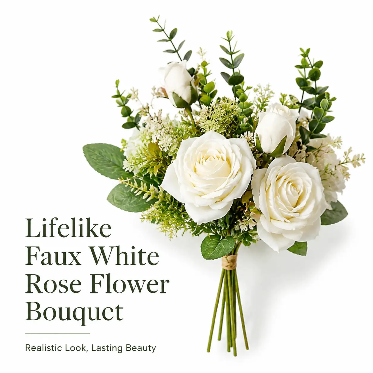 White Faux Flower Bouquet with Eucalyptus Greenery, Photorealism Faux Flowers, Fashion Table Decor for Birthday, Farmhouse Home Wedding Kitchen Centerpiece (Home Supplies), 40Cm/15.75Inches