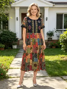 Plus Size Women's Flowy Beach Vacation Summer Dress, Irregular Pattern Print Casual Loose Fit Short Sleeve Bohemian Boho Dress, Casual Boho Chic, All Seasons Fashion