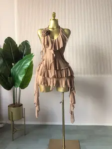 PULKRITU Women's Backless Layered Ruffle Party Smock Dress, Beach Holiday Streetwear Sexy, Fitted, Evening Gown Halter Neck Floral Applique Tierred Dresses, Streamer Side Flare Sleeveless Dresses, Party Prom Evening Dress