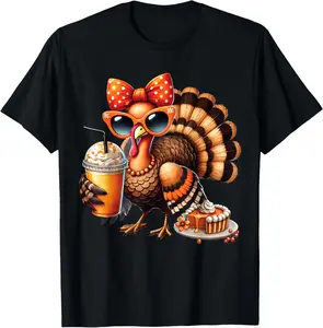 100% Cotton Turkey Drinking Coffee Bow Thanksgiving Womens Turkey Day T-Shirt