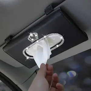 Shiny Rhinestone Crown Car Sun Visor Napkin Holder Cover, Hanging Car Paper Towel Case, Car Storage Organizers, PU Leather, Creative Car Interior Decoration, Car Interior Accessories Girls