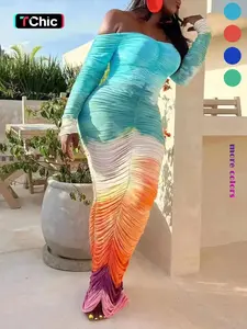 Women's Ombre Print Off Shoulder Bodycon Dress, Boho Ruched Longsleeves Maxi Dress for Daily Holiday Vacation Wear, Dresses for Women, Women's Dress for Spring & Fall, Womenswear, Formal Wear, Colorblock Backless Dress