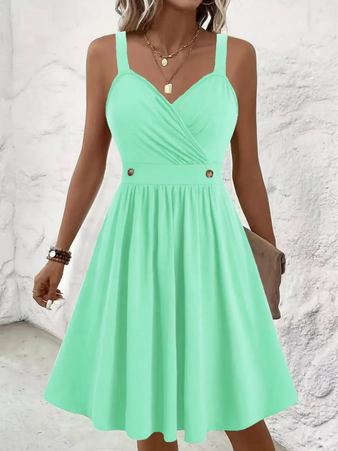 Women's Spring Summer Cross Front V Neck Casual Dress Fit, Thick Shoulder Straps, Umbrella Skirt Design, Waist Tie Decoration, Party Daily Wear Womenswear Piece