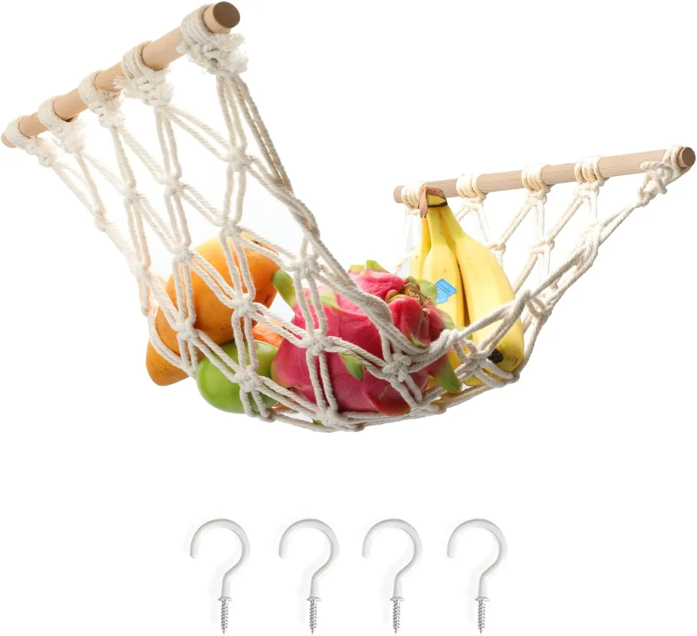 Hanging Fruit Hammock with Hooks - Hand-Woven Lace Hanging Basket for Kitchen Décor, Ideal for Storing Banana Fruits