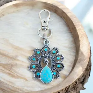 Turquoise Peacock Purse Charm – Boho Rhinestone Bag Accessory