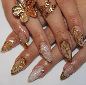Vintage Gold Rose Press On Nails/Handmade Gel Nails in Medium Almond/Glue On Nails/False Nail/Birthday Wedding Date Night Nails/Gift for Her
