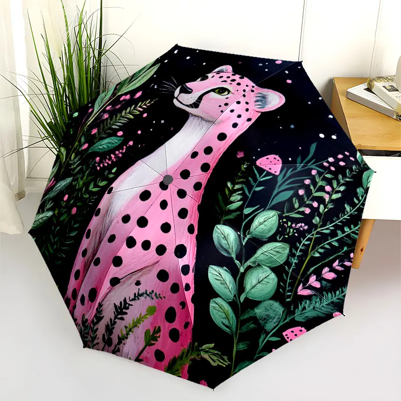 1 PC Automatic Folding Umbrella - Pink Leopard in the Forest Pattern, Portable & Foldable Design with 8 Ribs, Merry Christmas Pattern,Casual Outdoor Accessory Halloween and Christmas Birthday Gifts. A0066