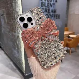 Pink Diamond Big Bowknot Full Diamond Case Cover for iPhone14/15/16 Series | Full Silver Flash Rhinestones + 3D Pink Diamond Bowknot Decor | Shockproof Scratch-Resistant | Date Afternoon Tea Sweet Luxury Sparkling Eye-Catching Style