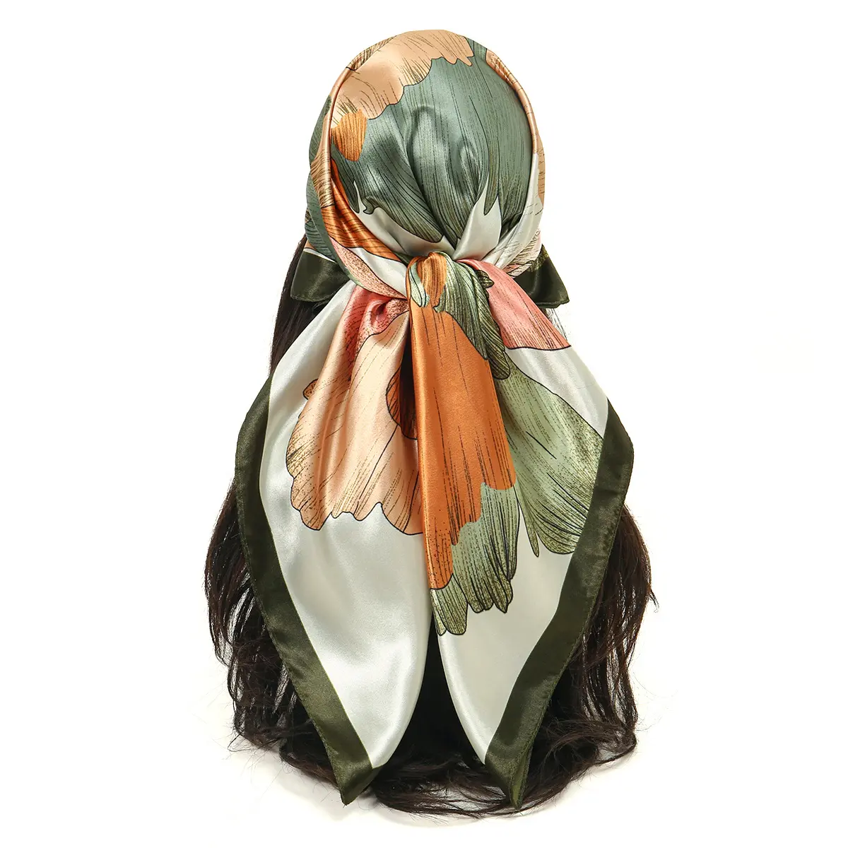 Women's Vintage Print Large Square Silk-Like Satin Scarf - Female Sports & Outdoor Accessory for Hair, Neck Wrap Use, Casual Wear (Sage Green, Orange), Silk Like Scarves, Vintage Print Headscarves, Square Scarf