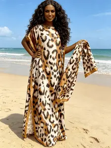 White Brown Leopard Print Satin Kaftan Dress for Women, Plus Size Muslim Abaya with Matching Scarf, Loose Batwing Sleeve Maxi Caftan, Modest Beach Cover Up, Dubai Style Islamic Robe for Vacation, Eid & Casual Loungewear