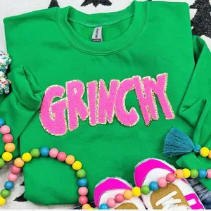 Pink Grinchy Chenille Patch With Gold Outline Sweatshirt