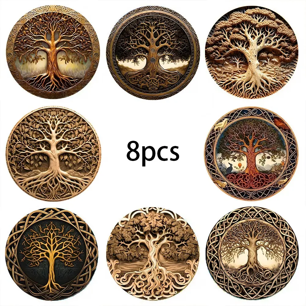8pcs Wooden Aesthetic Tree of Life Pattern Coasters Set, Tableware, Dinnerware, Imitation Wood Carving Style Printing, Home Table Decoration, Decorative Coaster, Christmas Party Decorations, Round Coaster, Kitchen Coasters, Coaster for Desk