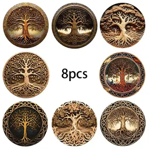 8pcs Wooden Tree of Life Pattern Coasters Set, Tableware, Imitation Wood Carving Style Printing, Home Table Decoration, Christmas Party Decorations
