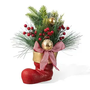 Glitzhome 14" Red Boot with Pine Needle & Berry Centerpiece