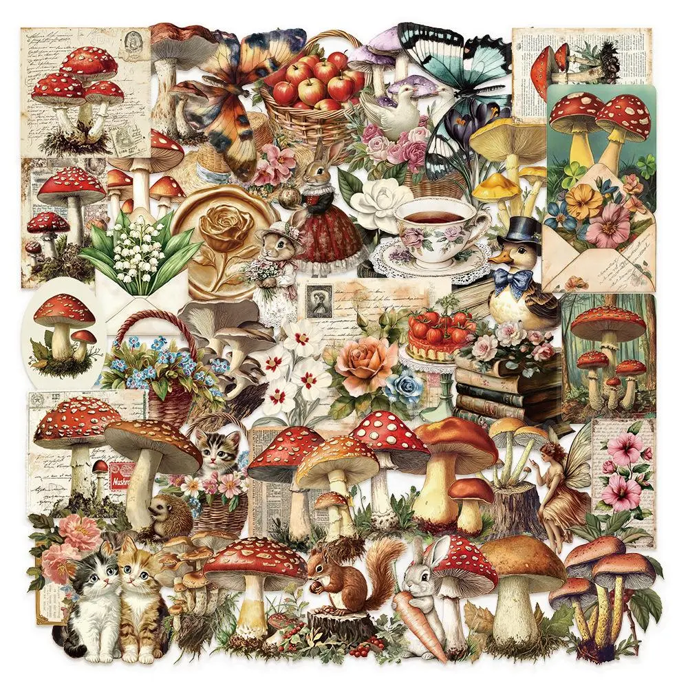 Vintage Mushroom Series Sticker, Retro Mushroom Pattern Decorative Sticker, DIY Decals for Water Bottle, Laptop, Phone Case, Screen Protector