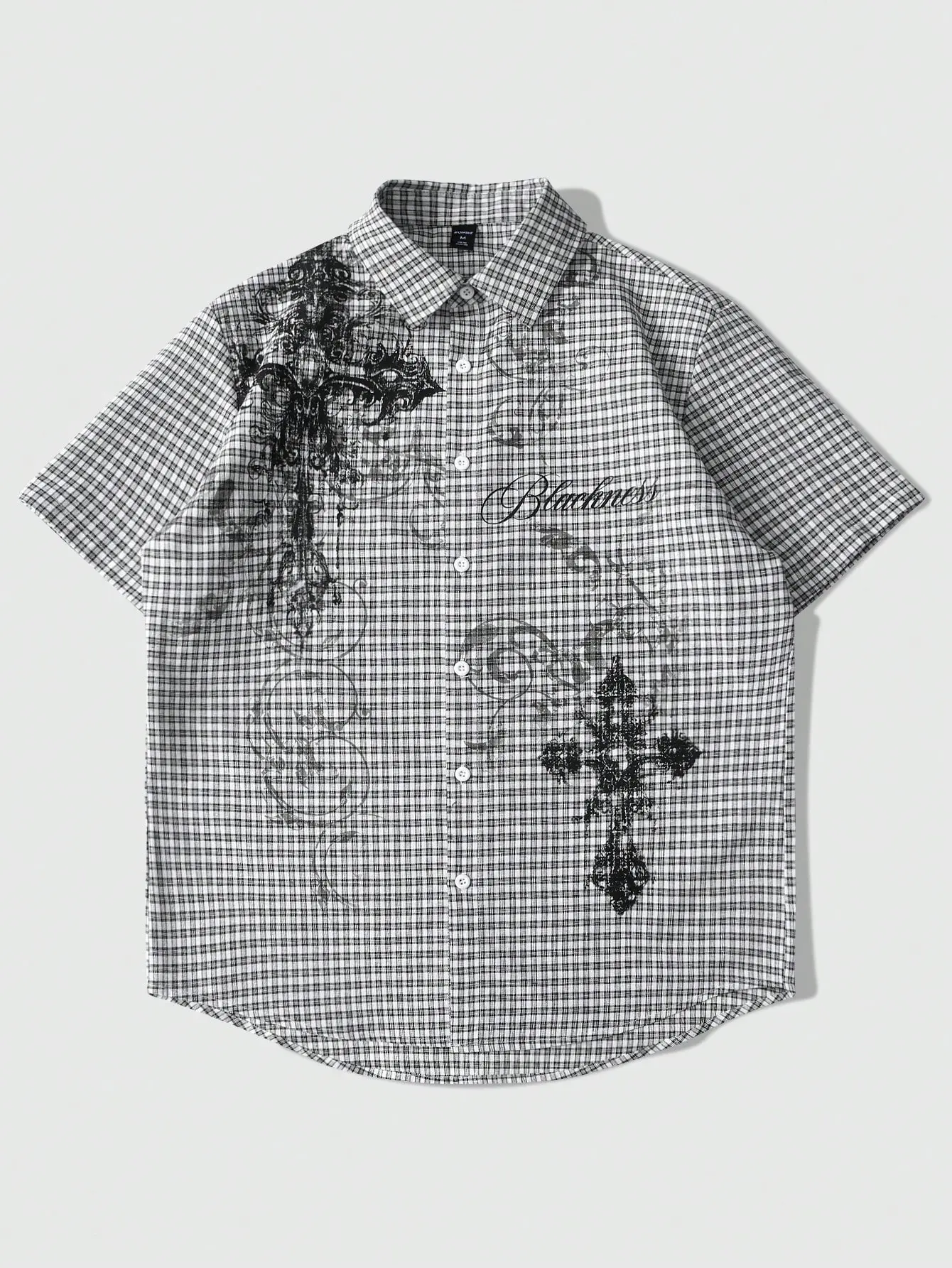 MEN Grunge Punk Men's KPOP Street Summer Plaid Cross Print Short Sleeve Single-Breasted Casual Shirt, Emo