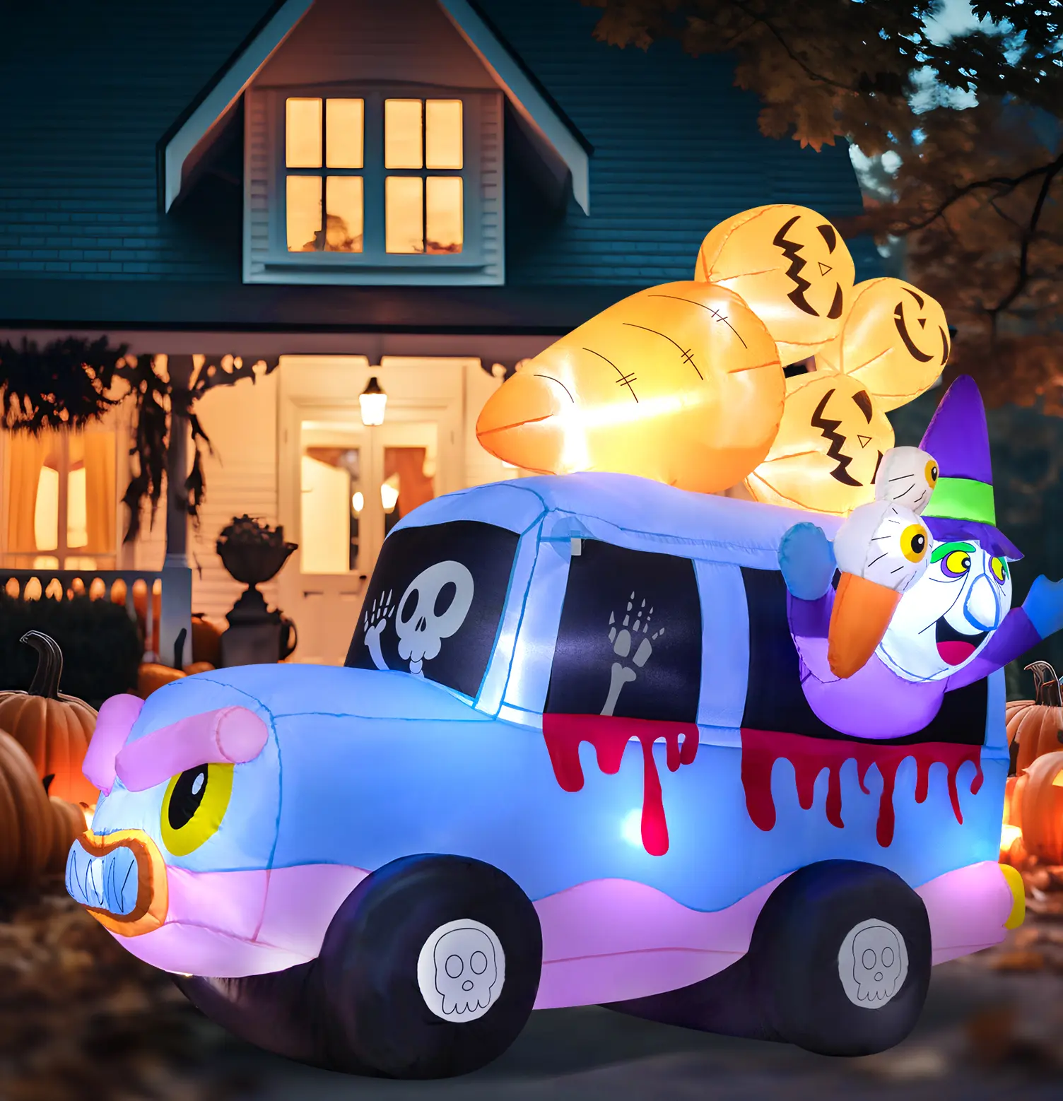 8 FT Irregular PVC LED Lighted Holiday Inflatable Witch Dessert Truck, Outdoor Safe Floor-Mount Festive Decor with Patio Lights for Lawn, Halloween Party Gift