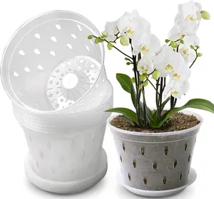 Orchid Pot, 7 Inch – 8 Pack Clear Plastic Pots with Holes and Saucers