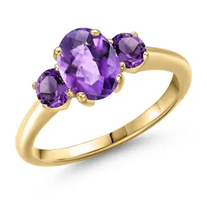 Gem Stone King Gemstone Birthstone 3-Stone Engagement Ring for Women | 18K Yellow Gold Plated Silver | Oval 8X6MM and Round 4MM | Three Stone Wedding Anniversary Promise Ring