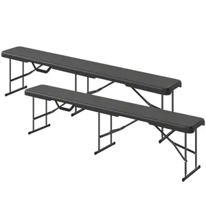 Black 2 pack 6ft portable foldable bench seats waterproof HDPE top powder coated metal frame 529lbs capacity carrying handle for camping picnic BBQ sports event