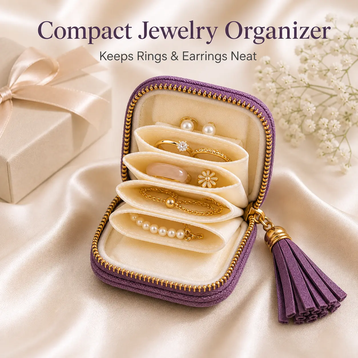 Women's Soft Velvet Travel Jewelry Organizer - Compact Case with 5 Divided Compartments, Smooth Inner Lining, Tassel Zipper, Ideal for Rings, Earrings, Necklaces, Bracelets, Coin Purse, Small Wallet, Mini Makeup Bag, Anniversary Gift for Purse, Luggage
