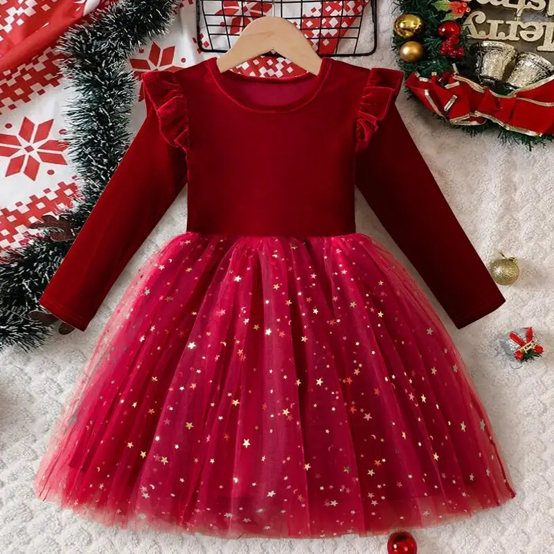 Christmas Dress for Girls Long Sleeve Autumn Winter Casual Clothes 3-8 Years Sequin Birthday Party Princess Dress Spring Kids Clothes