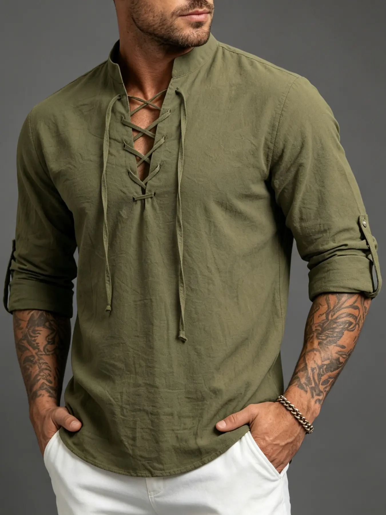 1 Pack Men's Casual Solid Stand Collar Lace-Up Long Sleeve Shirt, Collared shirt, Breathable Linen-Like Top, Summer Outfit, Men's Wardrobe Must-Have, Ideal for Home/Outdoor/Vacation/Sports, Great Father's Day/Presidents' Day Gift, Business Casual Wear