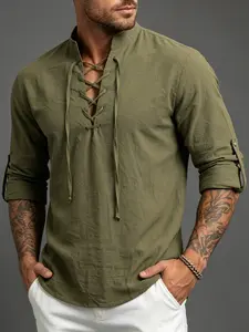 1 Pack Men's Casual Solid Stand Collar Lace-Up Long Sleeve Shirt, Collared shirt, Breathable Linen-Like Top, Summer Outfit, Men's Wardrobe Must-Have, Ideal for Home/Outdoor/Vacation/Sports, Great Father's Day/Presidents' Day Gift, Business Casual Wear