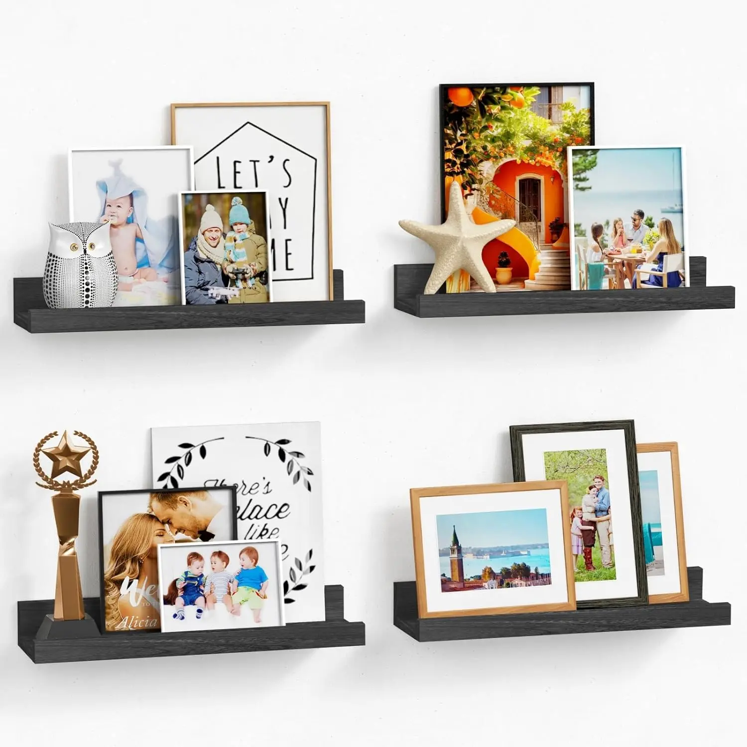 Black Picture Ledge Shelf, Floating Shelves with Lip for Wall, Small Wall Shelves for Bathroom Bedroom Kitchen Office Living Room Books, Art Pictures, Photo Frame,  (4-Pack, Real )