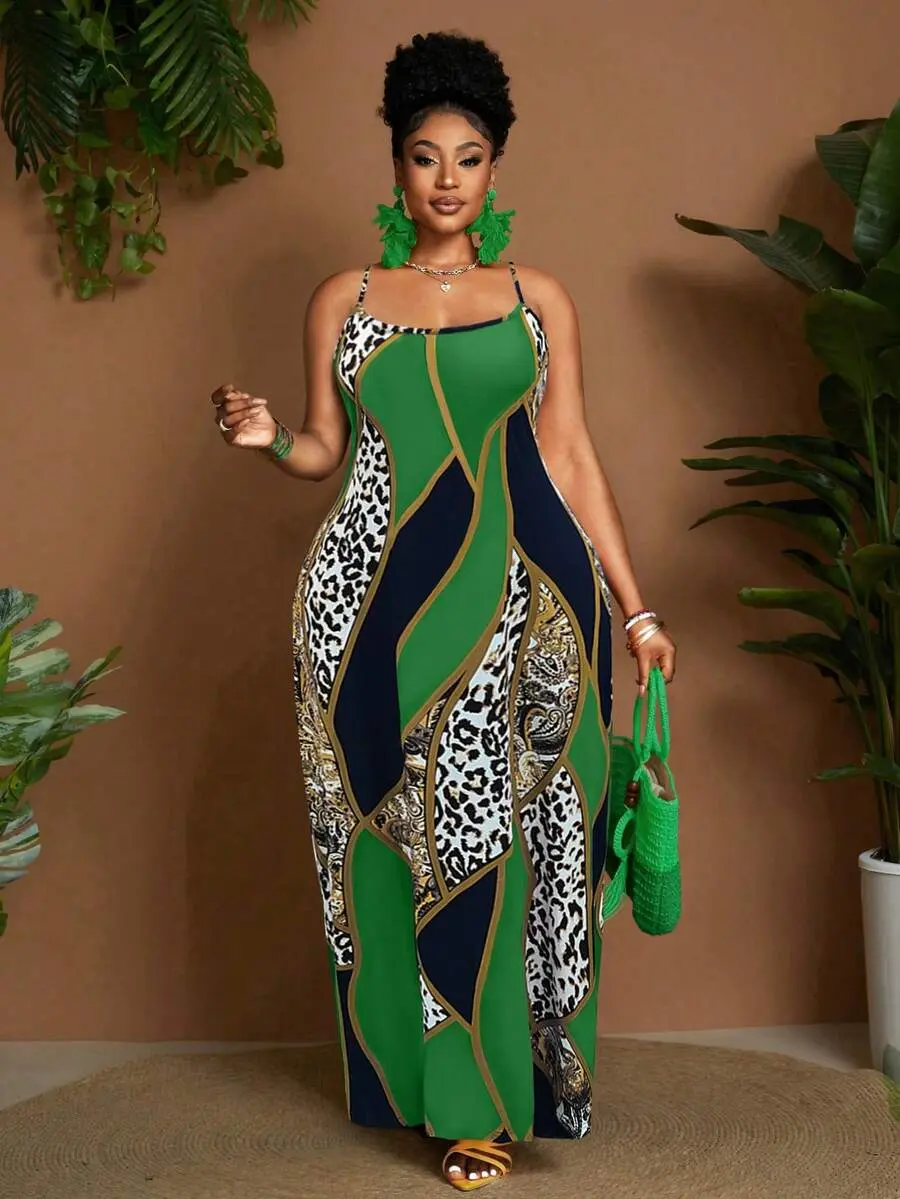 Women's Plus Size Leopard Print Maxi Dress | Color Block Knit Elegant Summer Beach Dress | Casual Date Vacation Outfit