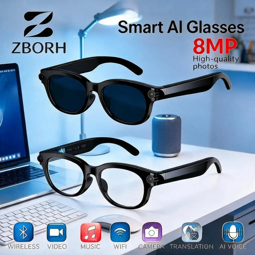 AI Glasses with Camera - Wearable Smart Glasses, Bluetooth 5.3 Photochromic UV Protection Oval Sunglasses, 8MP Recording, Magnetic Charge, 15 Minutes Fast Charge, Hands-Free Video for Hiking, 160+ Languages Real-Time AI Translation, Batteries Included