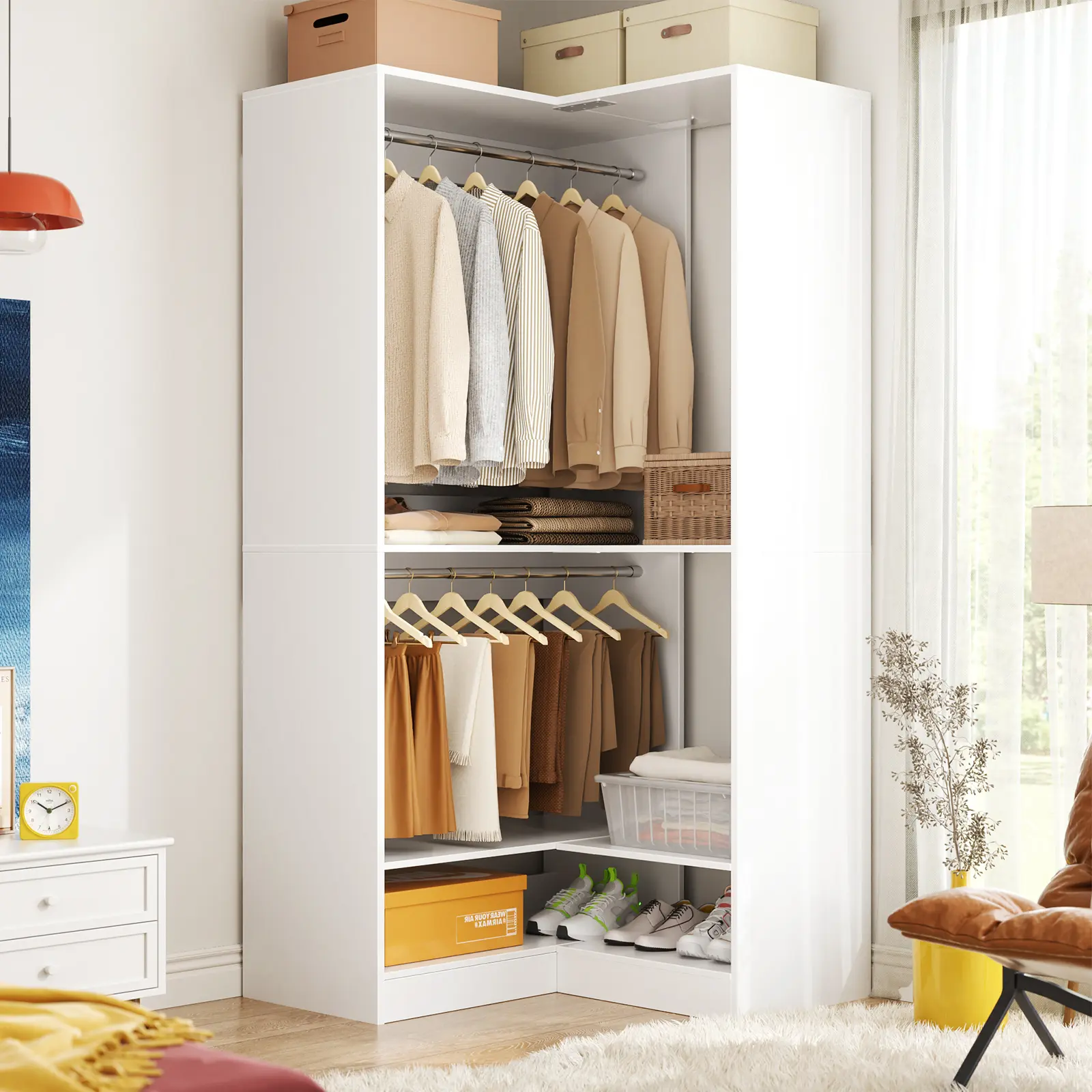 iSunirm Modular Corner Closet System - Heavy-Duty, Modern, Indoor Compact Large Spacious Double Rack Wardrobe with Multi-Level Frame, Upper & Lower Hanging Areas, Shoe Shelf, Anti-Tip Design, Easy Assembly for Bedroom, Walk-In Closet, Double Rack Wardrobe