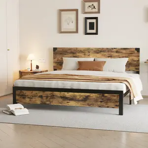 Garvee Noise-Free Queen Bed Frame Headboard – Rustic Vintage Wood & Metal Platform Large Storage Space No Box Verano Needed Ideal for Kids and Teens