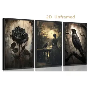 3-piece set, Gothic-style canvas wall art: black rose print, dark-toned preppy-style wall decor, painting of a woman and a raven, dark-toned botanical print. Suitable for living rooms, dorm rooms, and home decor. Frameless.