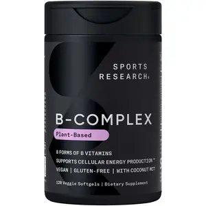 Sports Research® Vitamin B-Complex - Full Spectrum of B Vitamins with Methylated B12 & Folate - Gluten Free ·  Plant-Based · Non-GMO · Vegan-Friendly Formula - 120 Veggie Softgels