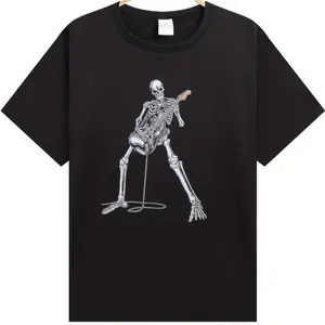 Rock Vibes Skeleton Playing Electric Guitar Graphic Cotton Short Sleeve T-Shirt - Round Neck Unisex Tops Tees T-Shirts