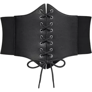Women Corset Elastic Belt Wide Retro Lace-up Tied Costume Waspie Waist Belt for Ladies