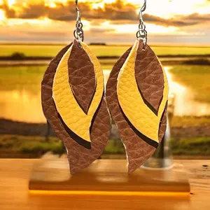 Brown and Yellow Leather Tri-Layered Unique Leaf Earrings