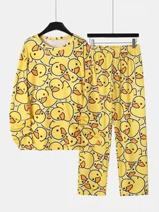 Men's Casual Comfortable Soft Homeewear Sleepwear Set, Round Neck Long Sleeve Pants, Cute Ducky Print, Two-Piece Loungewear