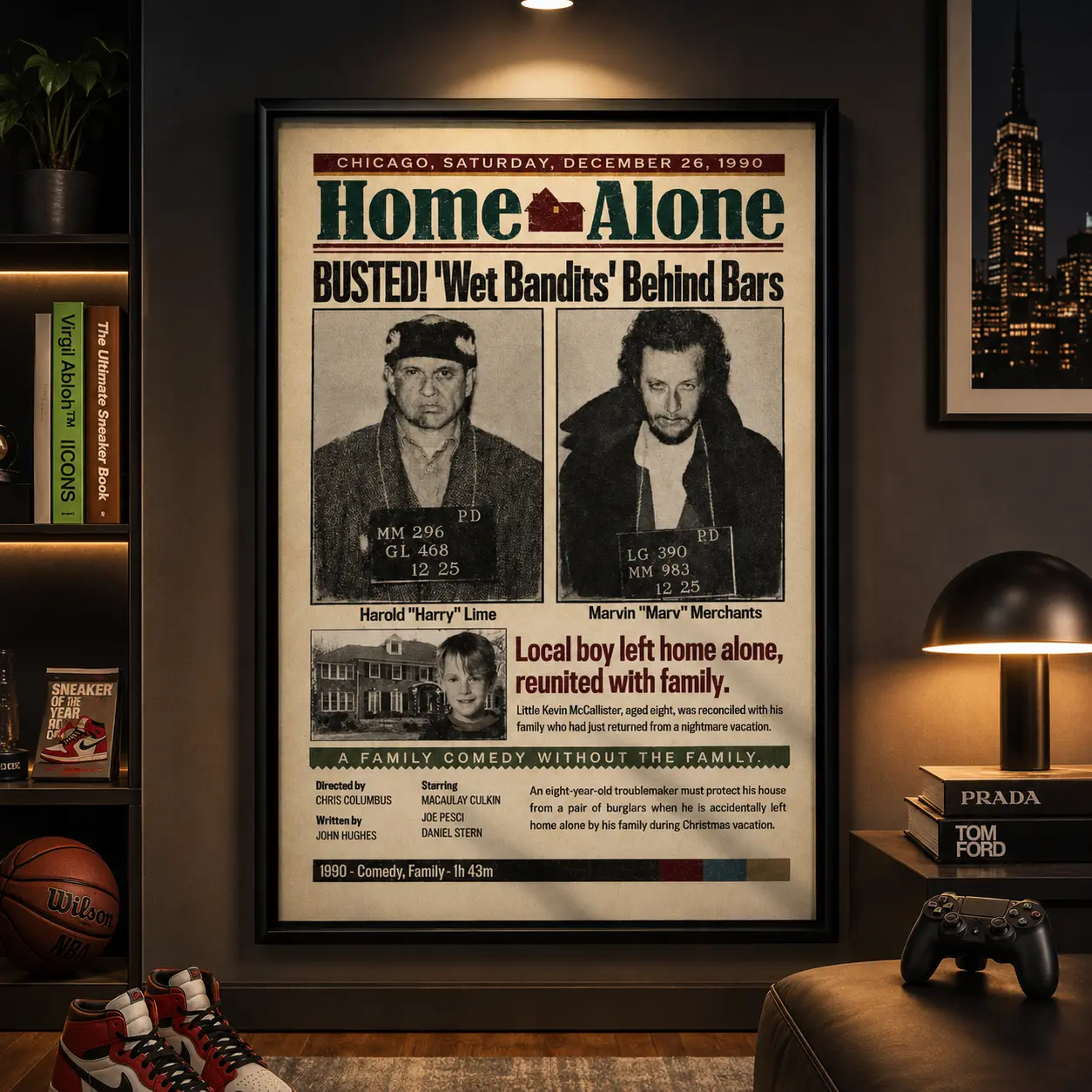 Home Alone Wet Bandits Busted Vintage Newspaper Canvas Wall Art, Classic 90s Christmas Comedy Movie Mugshot Poster, Retro Holiday Decor for Living Room Game Room Man Cave, Framed Unframed Multiple Sizes