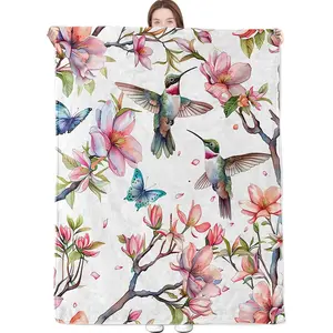 Floral Hummingbird Blanket Colorful Bird Butterfly and Pink Magnolia Blossom Throw Blankets Lightweight Flannel Throws for Camping Couch Office Bed Home Decor Gifts for Adults