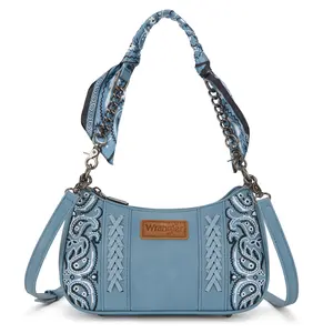 Wrangler Embroidered Paisley Ranchera Sky Print Faux Leather Crossbody/Shoulder Purse for Women with Removable Scarf Strap & Zipper Closure