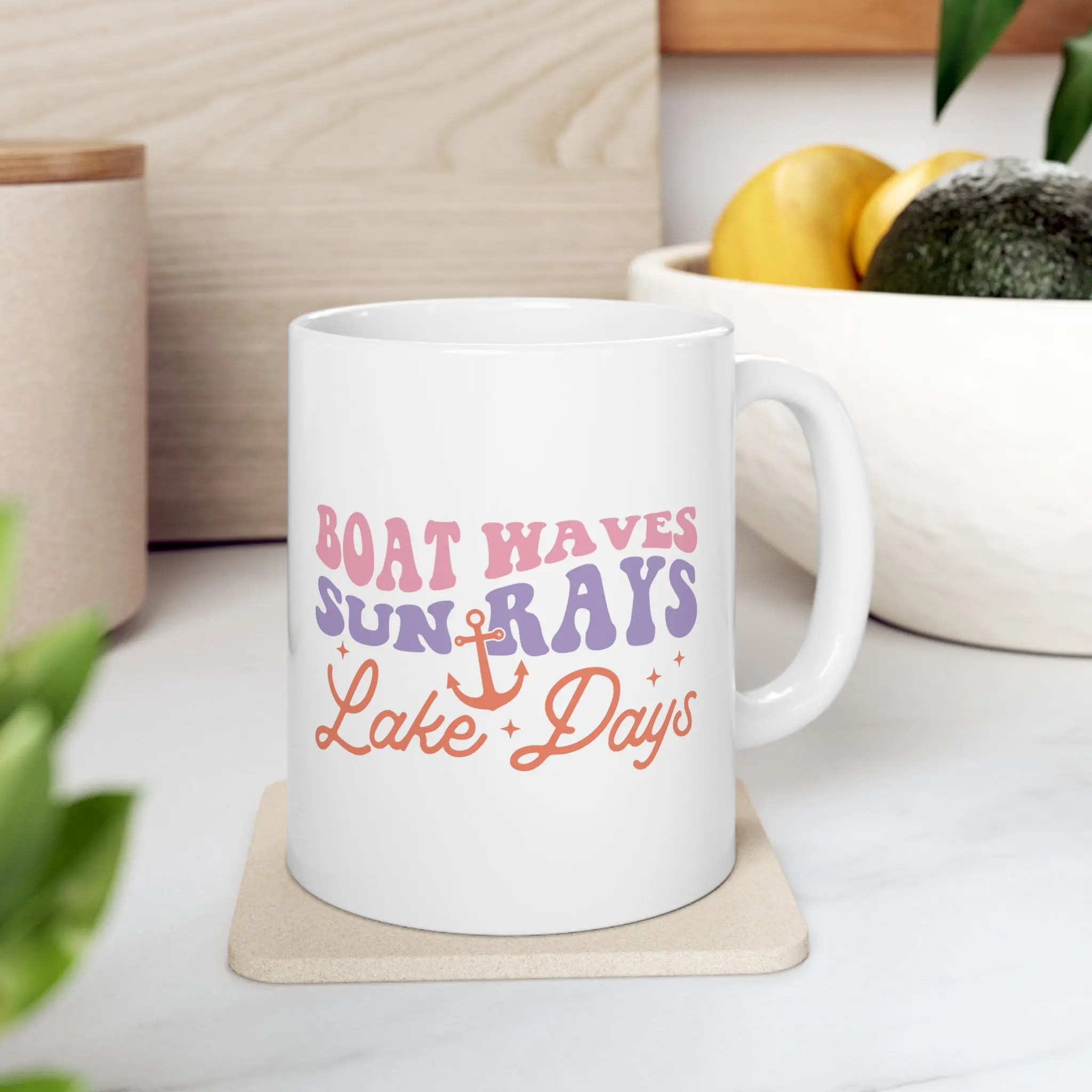 11oz Glossy Lightweight Ceramic Coffee Mug - Boat Waves, Sun Rays, Retro Script Design, Beach Vibes, Reusable, Washable, Ideal for Lake Days