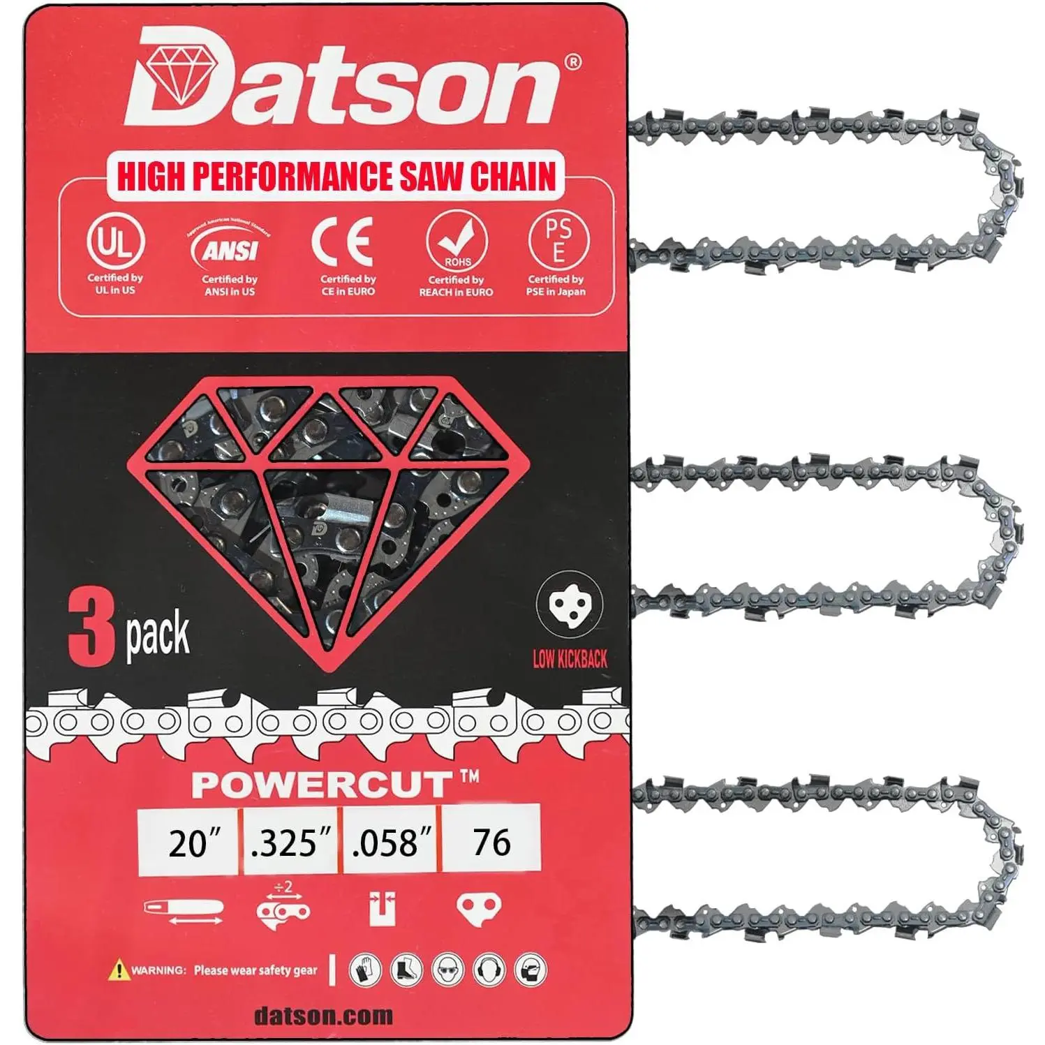 20 Inch  Chain replace for Blue Max 53543,8901,8902, VEVOR, Supmix 62cc, WEMARS ?6220G, NEOTEC NCS6200 .325" .058" 76DL (3 Chains)