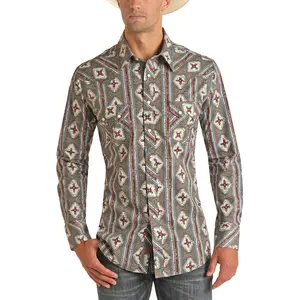 Rock & Roll Cowboy Men's Long-Sleeve, Blue, Aztec-Print Snap Shirt