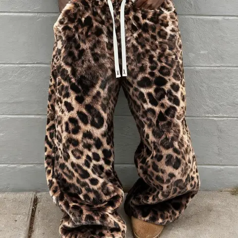 Men's Street Style Leopard Print Loose Pants, Elastic Waist Knit Sportswear, Reversible Fleece Lined Joggers for Casual Wear